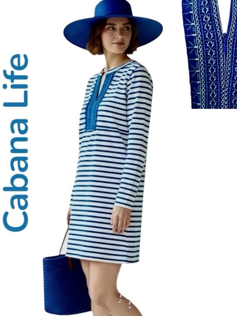 Cabana Life Cover Up Resort Dress Stripes Embrodery Long Sleeve Pullover